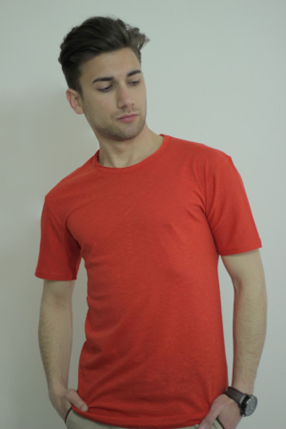 Erkek Kırmızı Bisiklet Yaka Likralı Basic Tişört Tshirt