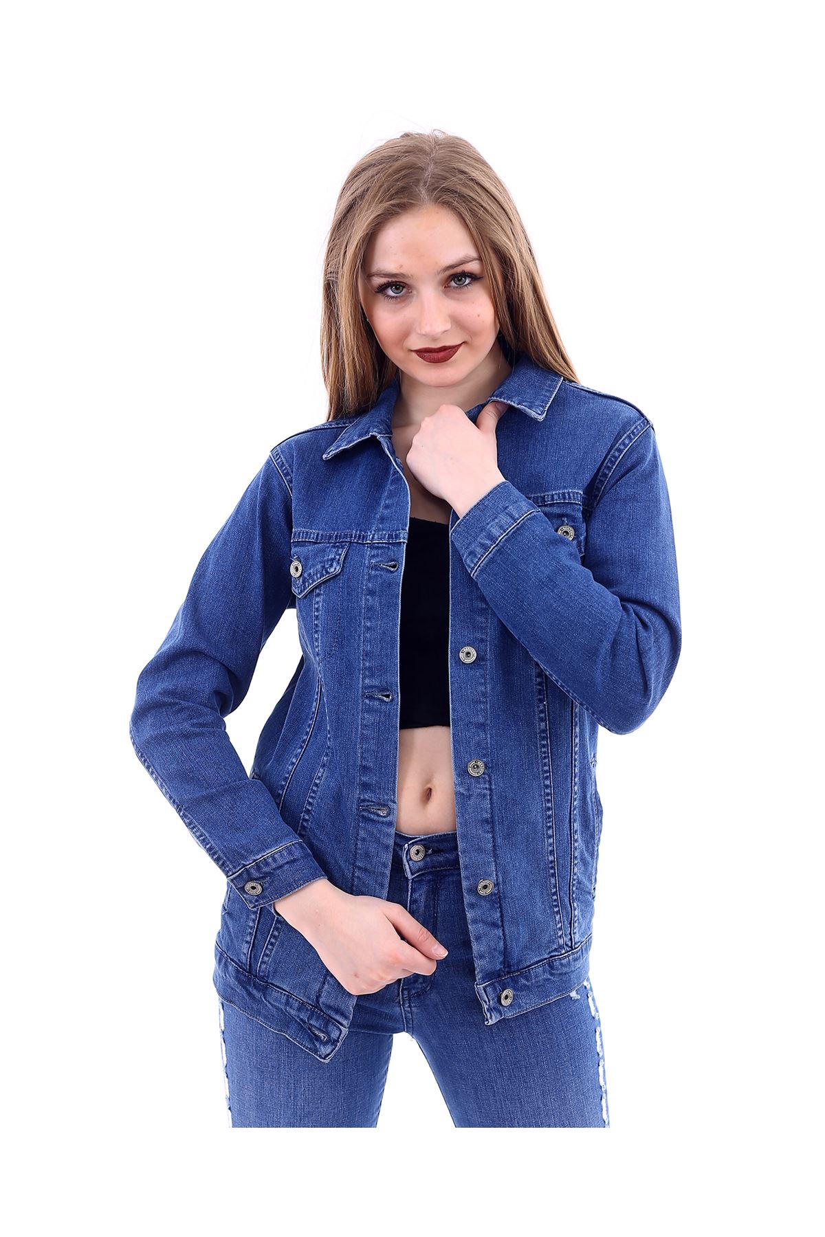 Kadın Mavi Likralı Denim Jeans Kot Ceket 