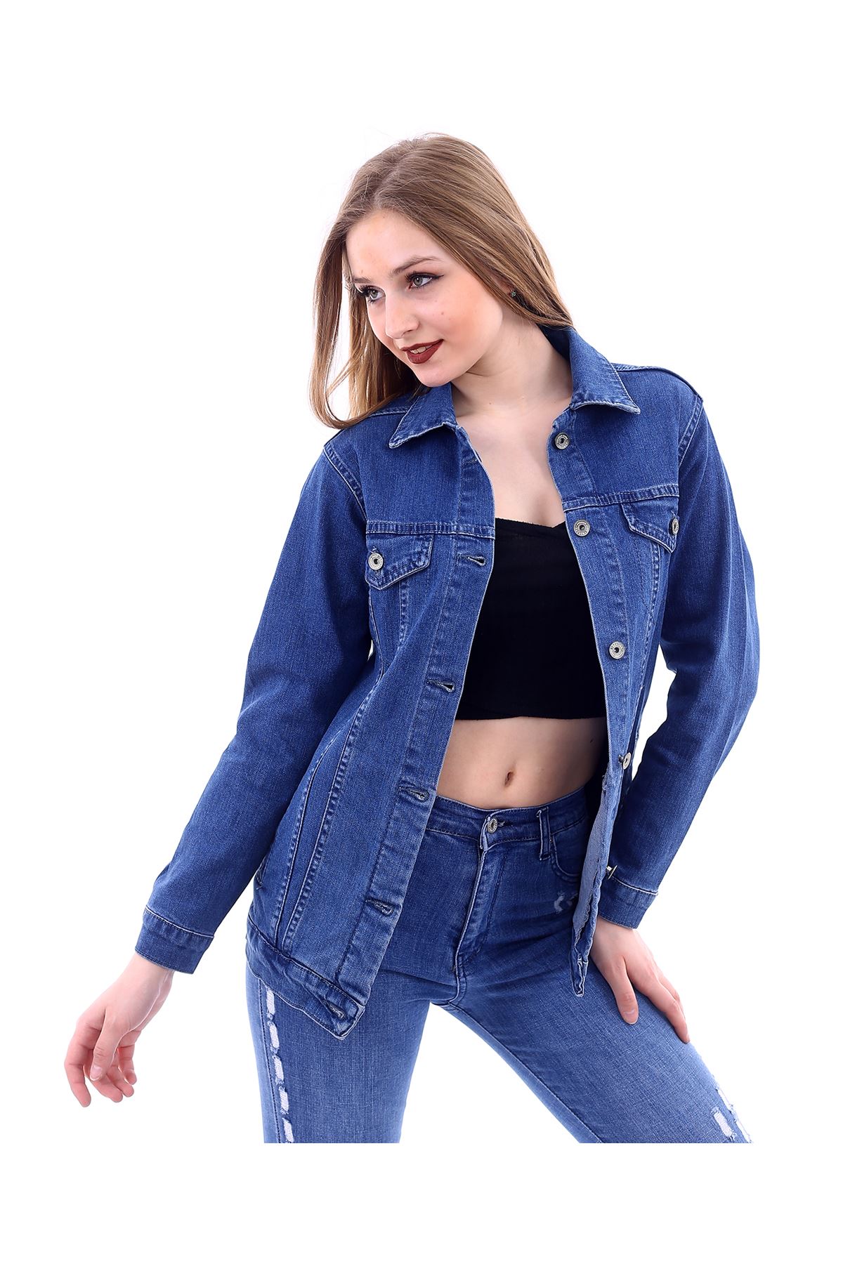Kadın Mavi Likralı Denim Jeans Kot Ceket 