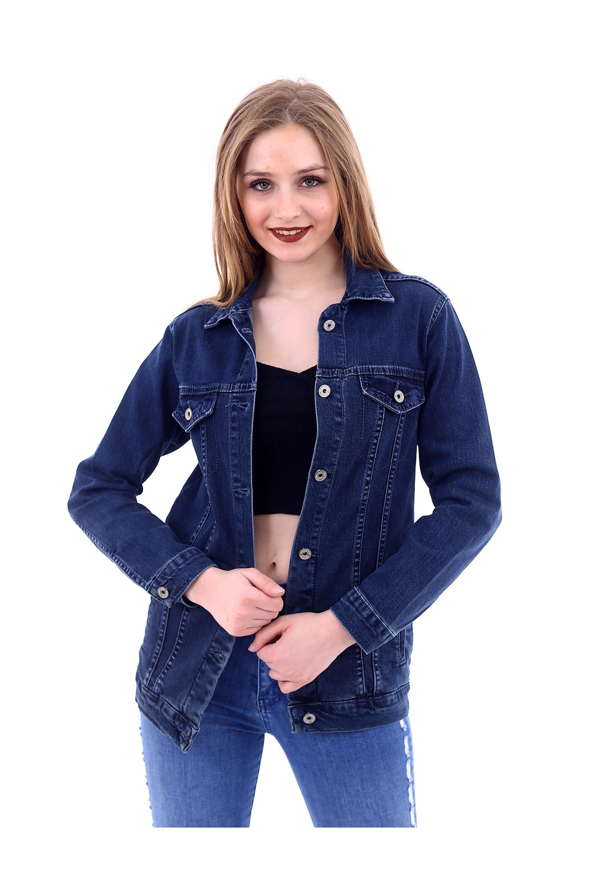 Kadın Lacivert Likralı Denim Jeans Kot Ceket