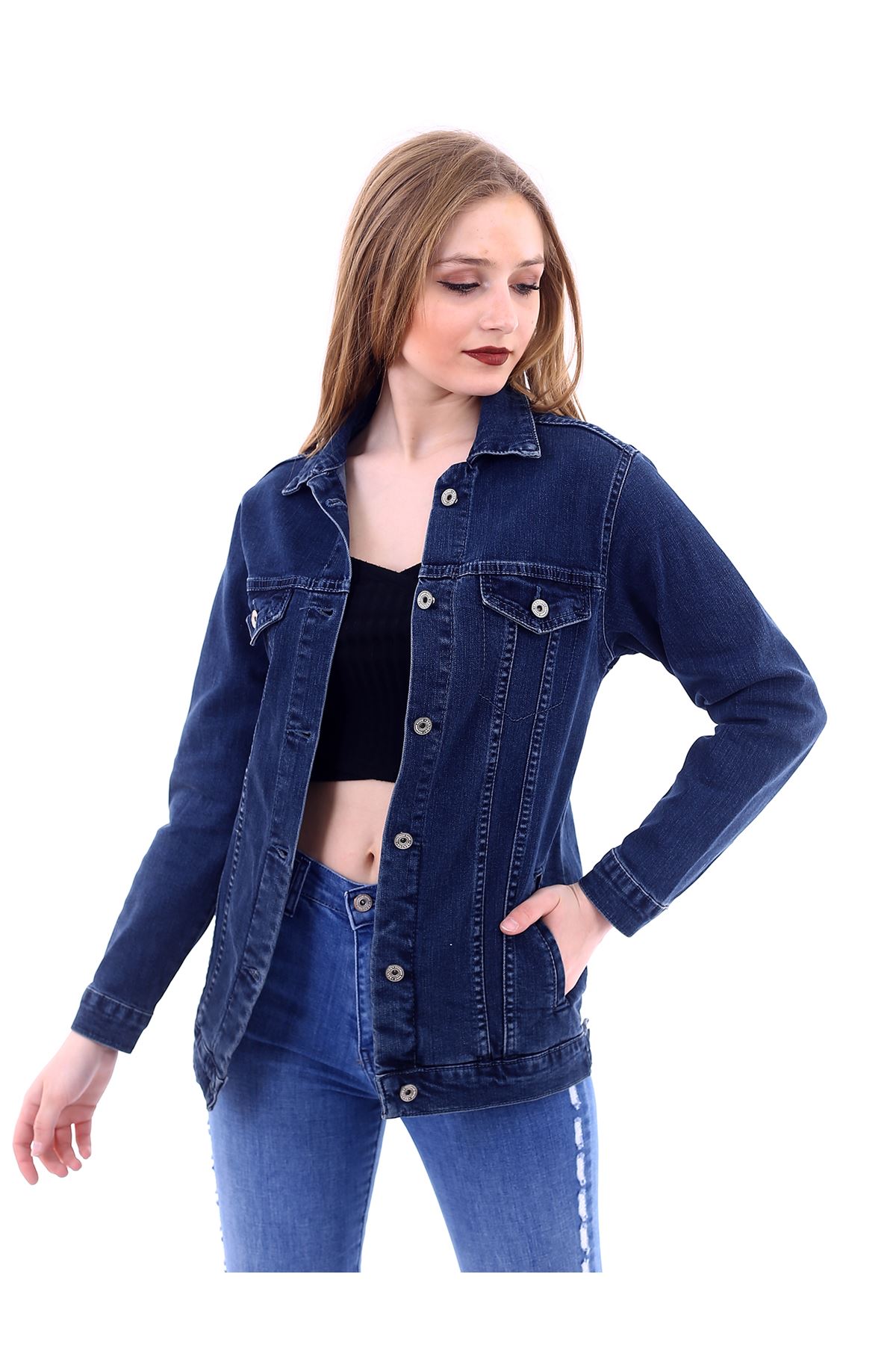 Kadın Lacivert Likralı Denim Jeans Kot Ceket