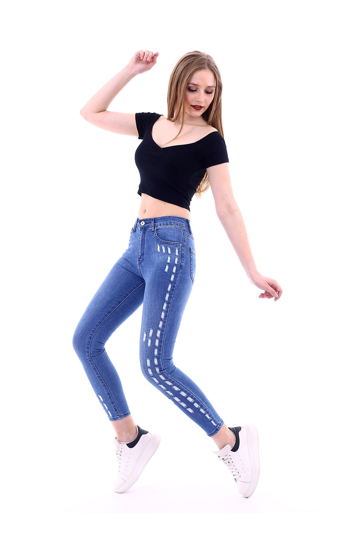Kadın Açık Mavi Slim Yırtık Desenli Yüksek Bel Kot Pantolon 