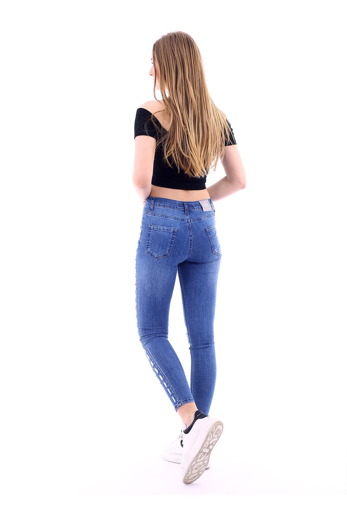 Kadın Açık Mavi Slim Yırtık Desenli Yüksek Bel Kot Pantolon 