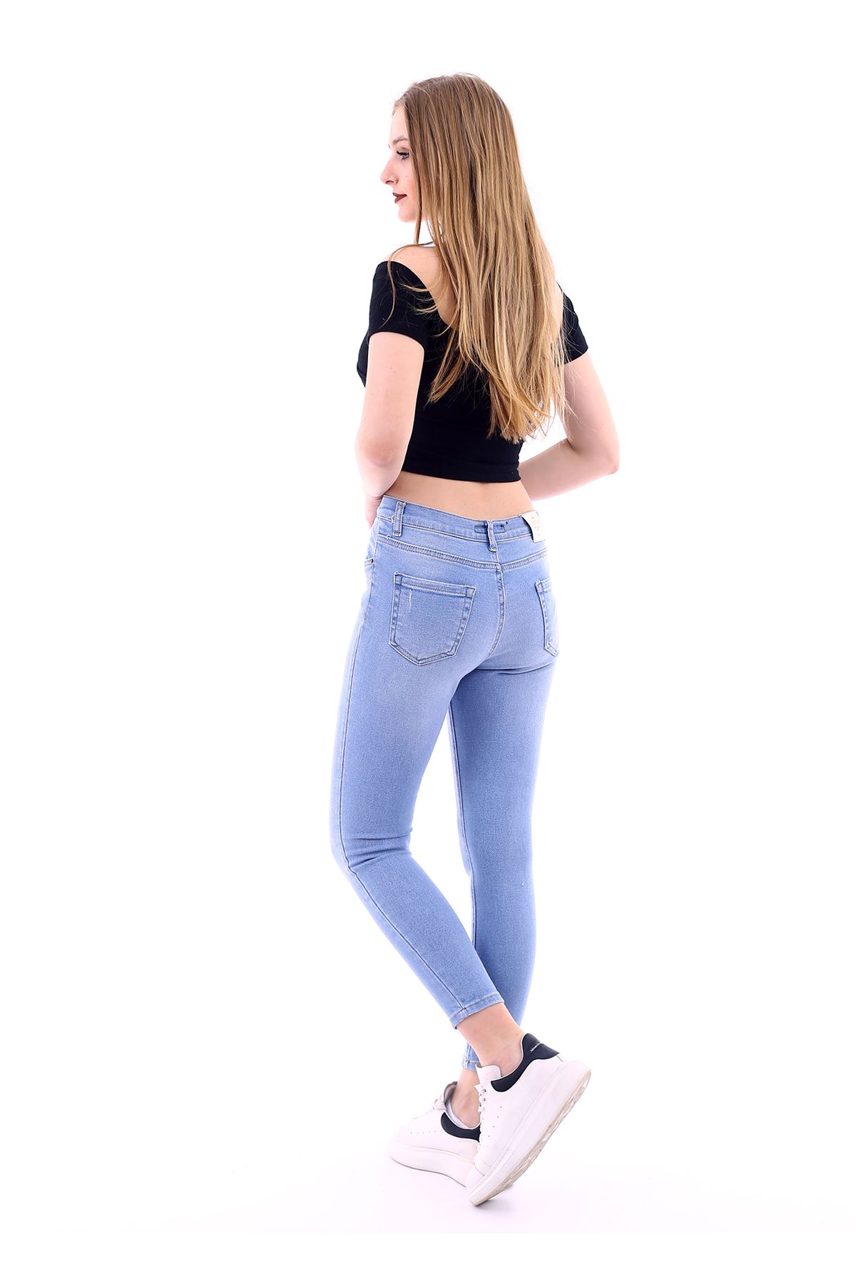 Kadın Buz Mavi Likralı Tırnaklı Yüksek Bel Denim Kot Pantolon