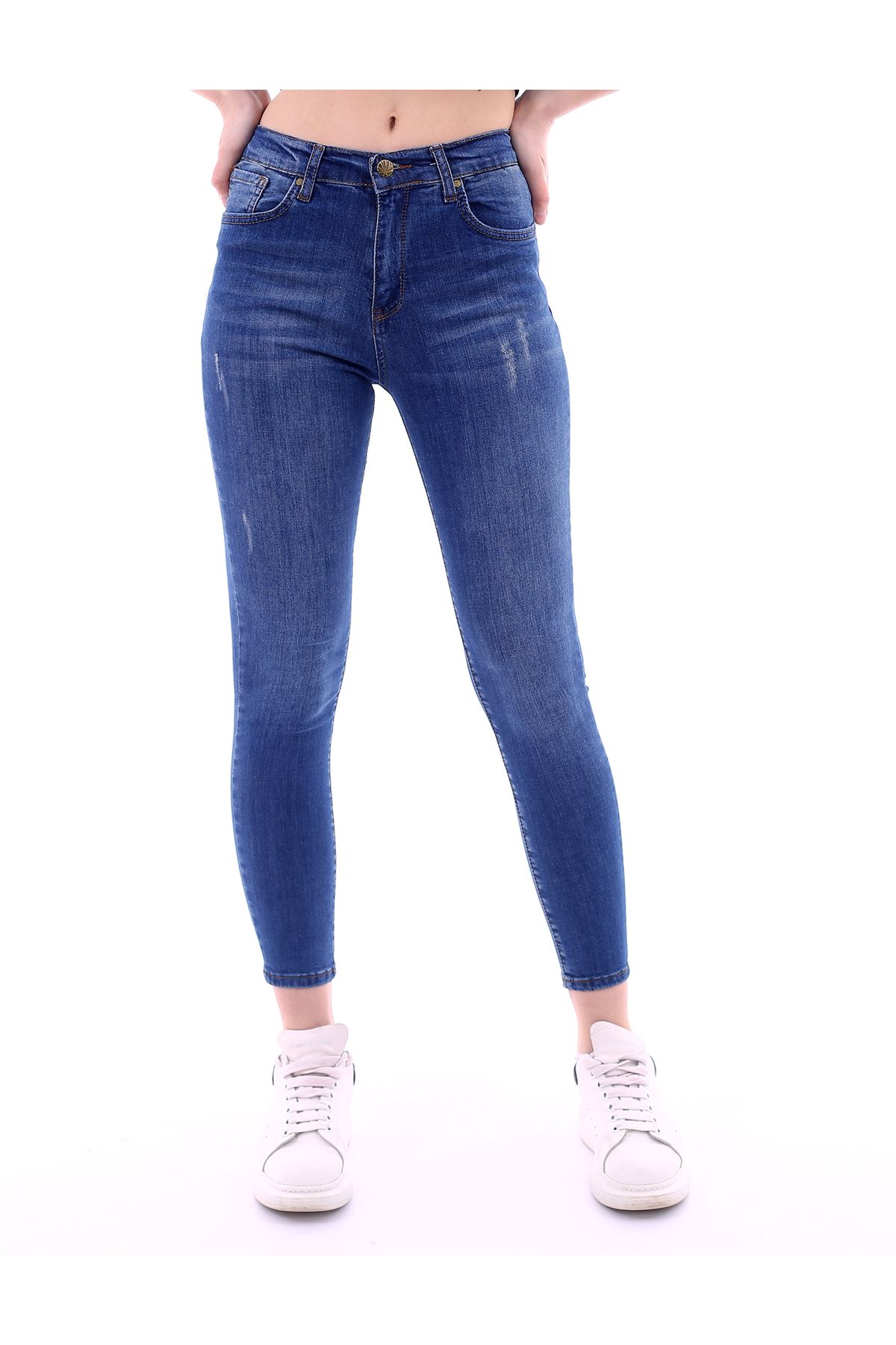 Kadın Mavi Likralı Lazer Tırnaklı Yüksek Bel Denim Kot Pantolon 