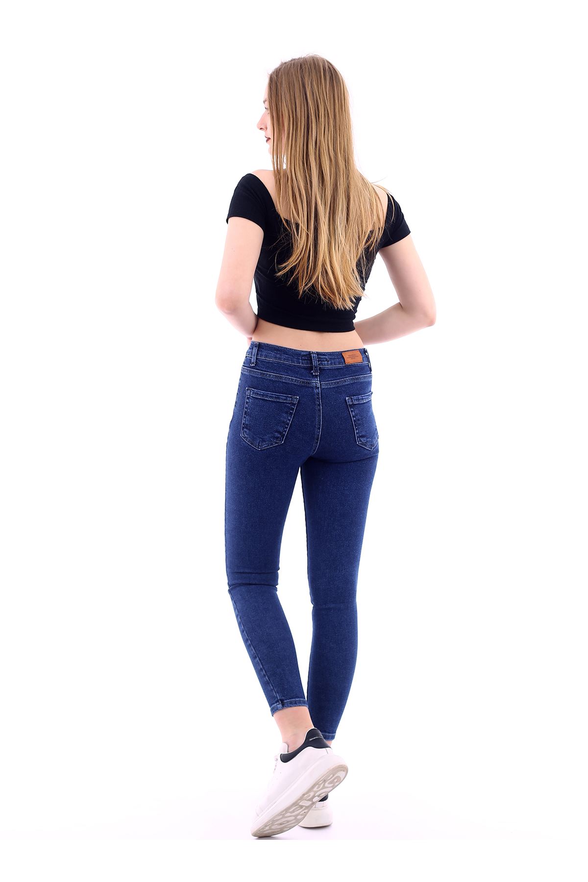 Kadın Koyu Mavi Likralı Yüksek Bel Düz Kot Pantolon