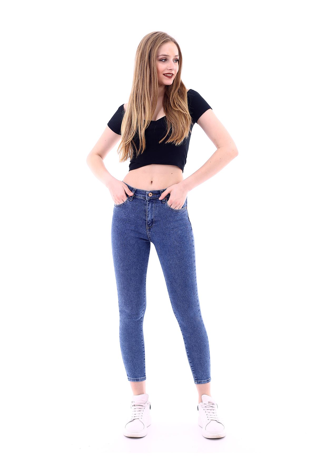 Kadın Mavi Likralı Yüksek Bel Düz Kot Pantolon