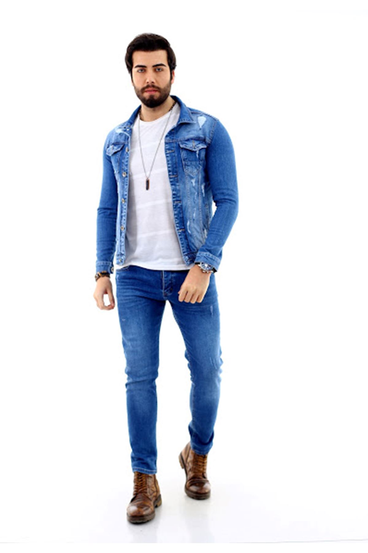 Erkek Mavi Yırtıklı Slim Fit Denim Kot Ceket
