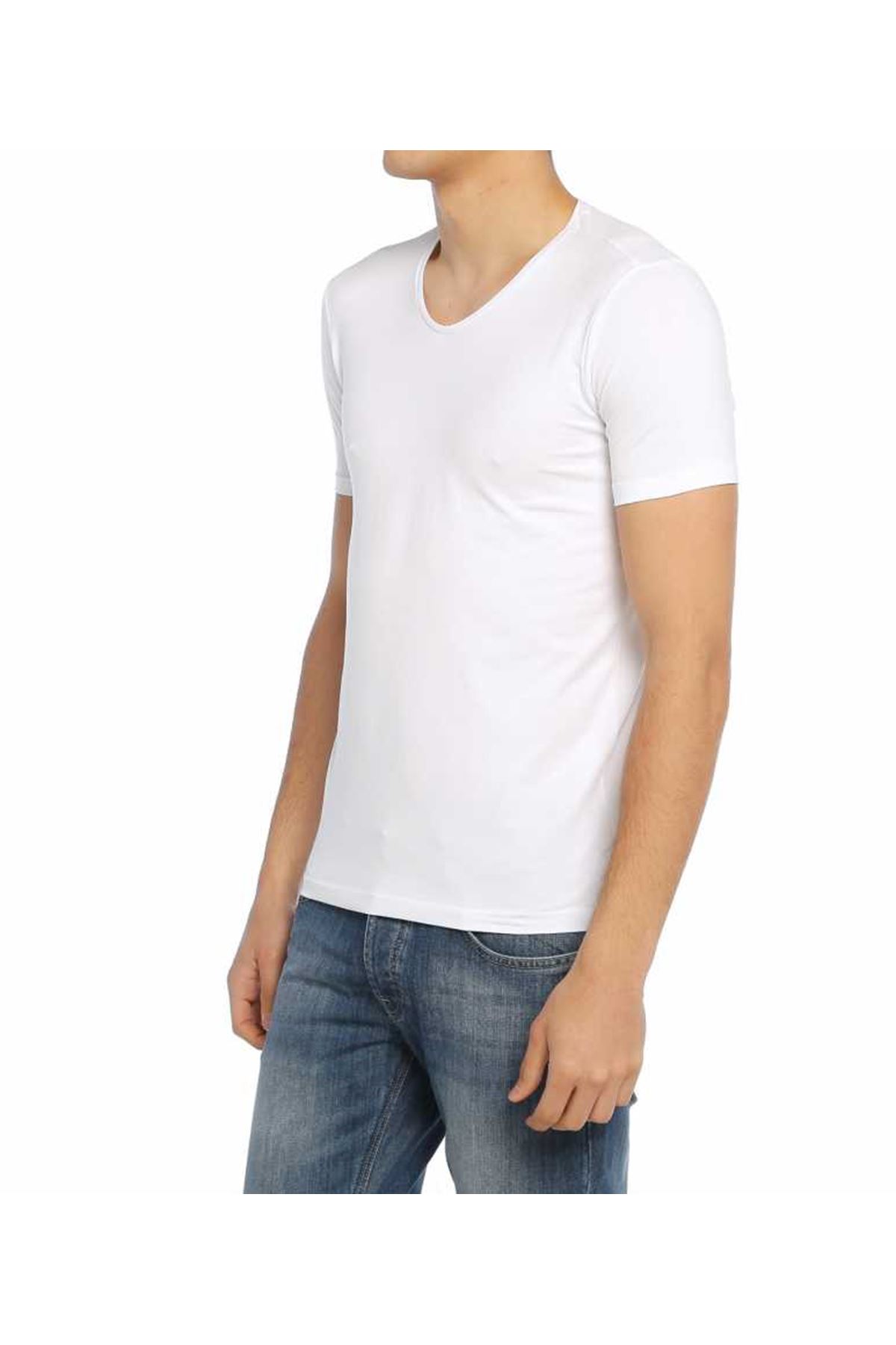 Erkek Kırık Beyaz Düz Yaka Basic Body Tişört 