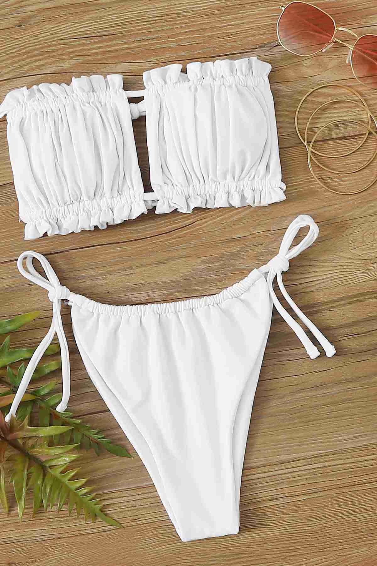 Angelsin Brezilya Model Büzgülü Bağlamalı Bikini Altı Beyaz