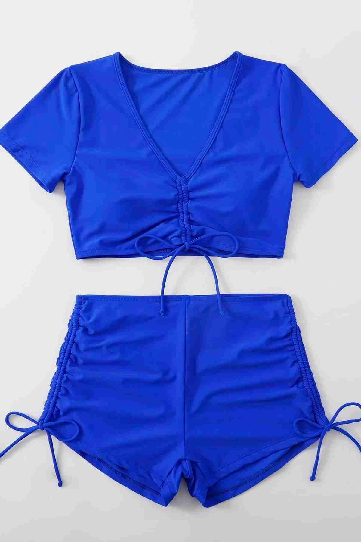 Angelsin Özel tasarım Yarım Kol Büzgü Detaylı Bikini Takım Mavi