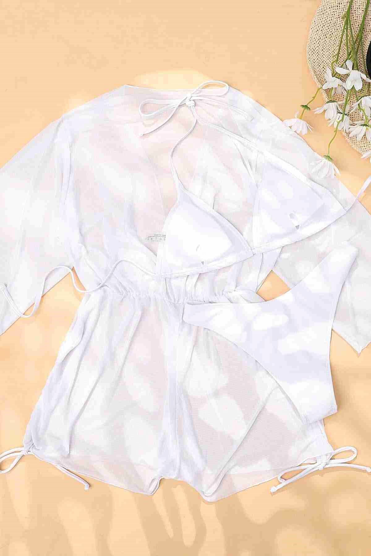 Angelsin Şifon Pareo Plaj Elbesi Cover Up Kimono Beyaz