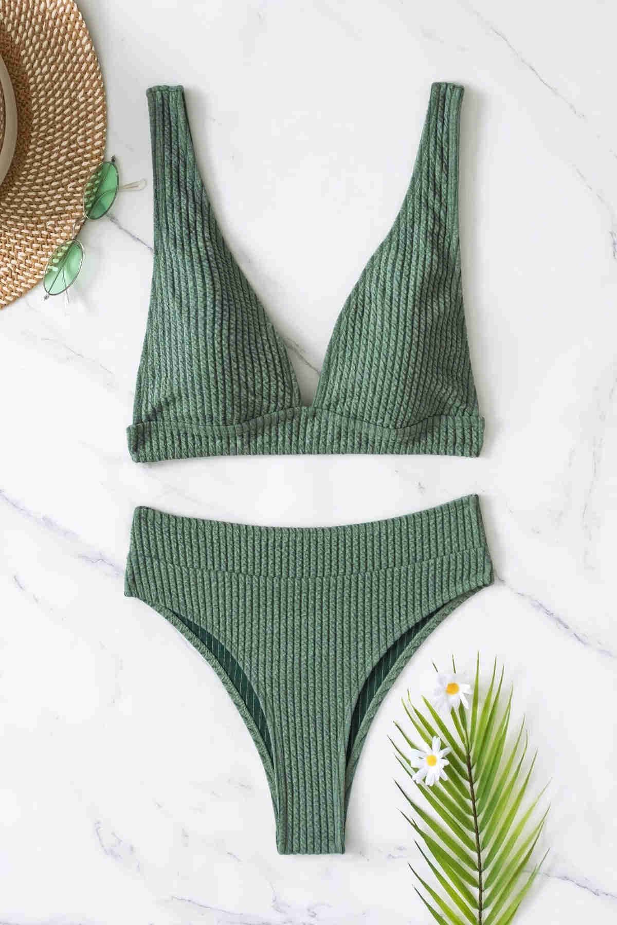 Angelsin Özel Kumaş Yüksel Bel Bikini Takım Yeşil