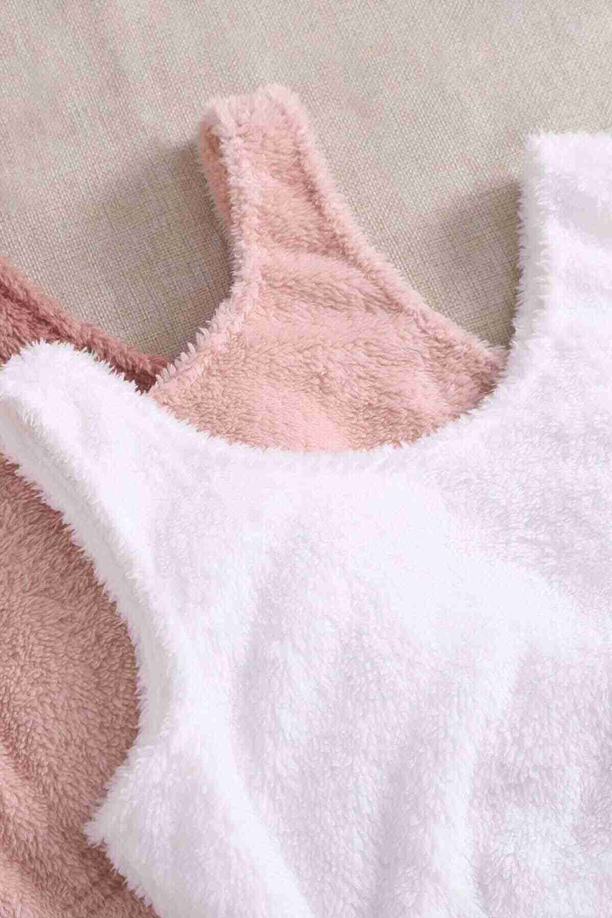 Merry See Tek Renk 1 Takım Kolsuz Askılı Peluş Polar Alt Üst Şortlu Pijama Takımı Pembe Koyu
